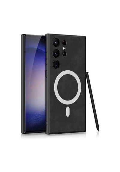 Galaxy S24 Ultra Kılıf M-safe Şarj Özellikli Deri Tasarımlı Zore Kıpta Nubuk Kapak Siyah
