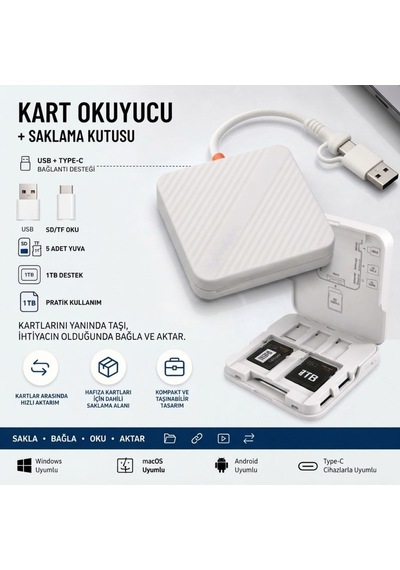 Buffer Usb Ve Type-c Uyumlu Çok Fonksiyonlu Sd Tf Kart Okuyucu, Usb 3.0 5gbps Yüksek Hızlı Veri Aktarım Adaptör