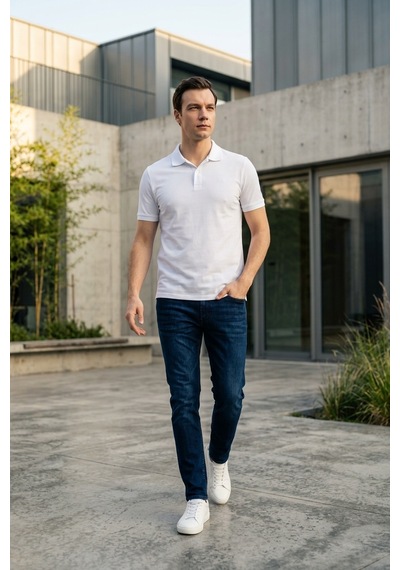 Süvari Slim Fit Düz Baskısız Pike Düğmeli Polo Yaka Nefes Alabilen T-shirt Beyaz