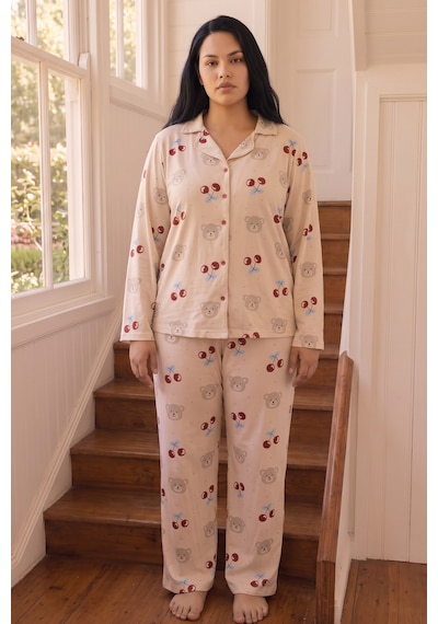 Siyah İnci Desenli Termal Kumaşlı Ultra Soft Yumuşak Büyük Beden Battal Boy Düğmeli Örme Pijama Takımı 26226524 Krem Siyah İnci Desenli Termal Kumaşlı Ultra Soft Yumuşak Büyük Beden Battal Boy Düğmeli Örme Pijama Takımı 26226524 Krem
