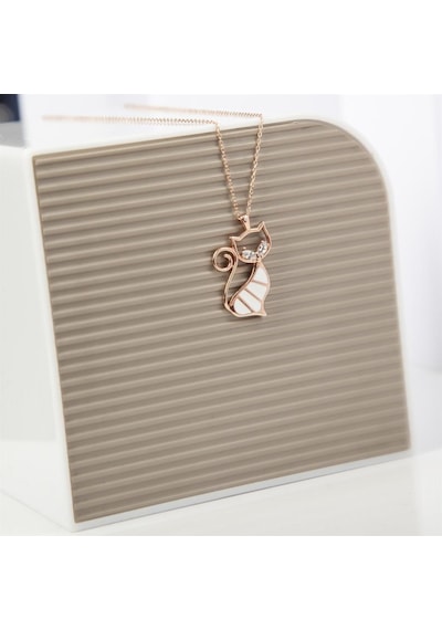 Beyaz Kedi Modeli Rodyum Kaplama 925 Gümüş Kadın Kolye