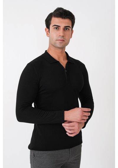 Slim Fit Esnek Pamuklu Fermuarlı Polo Yaka Siyah Triko Tr 902