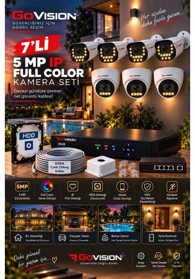Go Vision 7'li Güvenlik Dome Bullet Ip Kamera Seti - 3.6mm Lens, H.265, Poe, Warm Led Gece Görüşlü