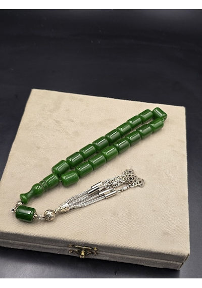 Osmanlı Benzetme Çubuk Sıkma Kehribar Tespih Efe Boy 17 Habbe 11x14 Mm Yeşil Gümüş
