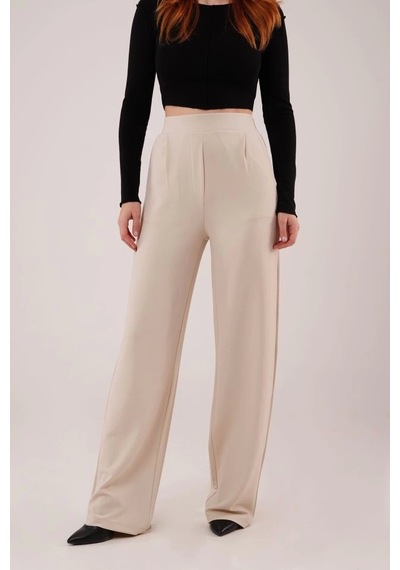 Defymoda Yüksek Bel Bol Paça Krep Krem Pantolon Krem