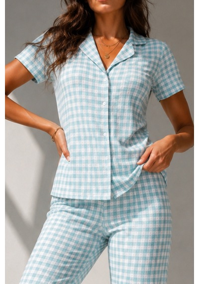 Kadın Klasik Doğal Düğme Gece Su Yeşili Pijama Takımı
