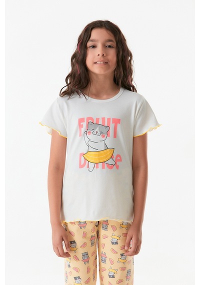Fullamoda Kedi Baskılı Bisiklet Yaka Kız Çocuk Pijama Takımı 24mıcg631212273-beyaz 24MICG631212273-Beyaz