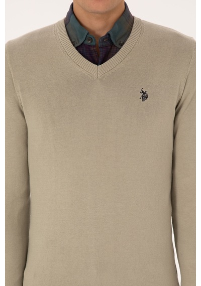 U.S. Polo Assn. Erkek Slim Fit V Yaka Haki Melanj Basic Triko Kazak 50313662-VR193