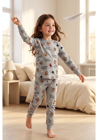 Zuzunga Kız Çocuk Yılbaşı Temalı Tiger Desenli Uzun Kollu Pijama Takımı Gri
