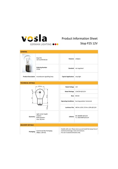 Vosla 12v 1016 Ampul 21/5w Ba15d P21/5w Vs37918 10 Lu
