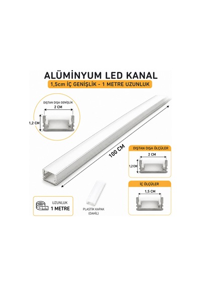 Alüminyum Led Kanal 1m 15mm İç Genişlik 20mm Dış Ölçü Şerit Led Profil Kapaklı