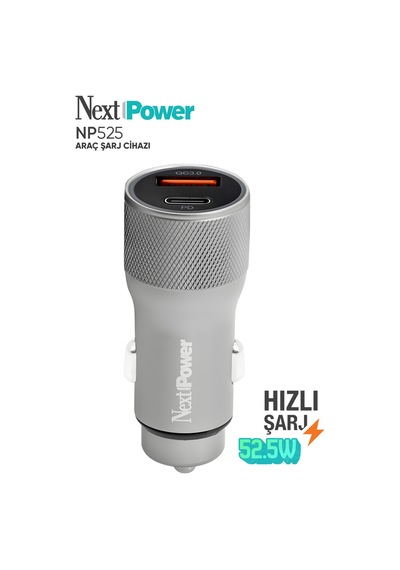 Next Power52.5w Araç İçi Hızlı Şarj Aleti Type-c + Usb Güç Adaptörü Oto Çakmaklık - Gri