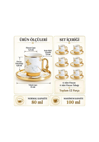 Valkyrie 12 Parça 6 Kişilik 80 Ml Türk Kahvesi Fincan Takımı Gold Kelebek Desenli K651-b