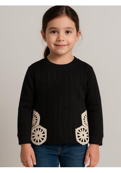 Kız Çocuk Motif İşlemeli Bluz-16287 Siyah