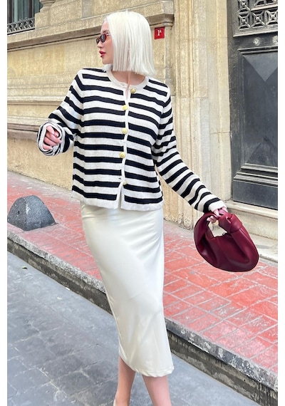 Madmext Bej Çizgili Bisiklet Yaka Gold Düğme Detaylı Cotton Hırka Mg1605 Bej
