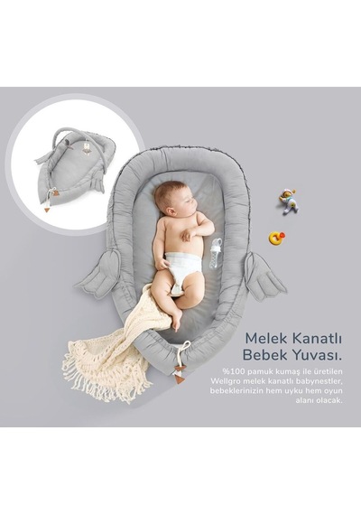 Melek Kanatlı Babynest Bebek Yatağı-gri, İlk Yatağım, Oyuncak Barlı Bebek Yuvası