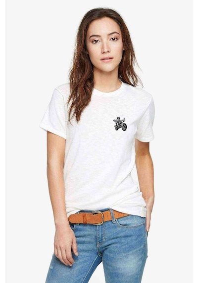 Siyah Motorsiklet Kuru Kafa Göğüs Baskılı Beyaz Kadın Tshirt