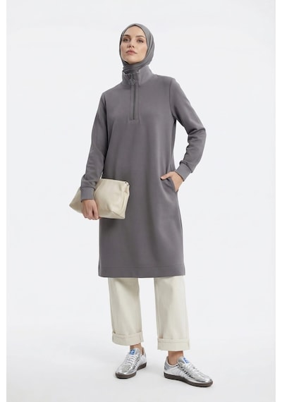Armine Fermuar Detaylı Basic Tunik Gri