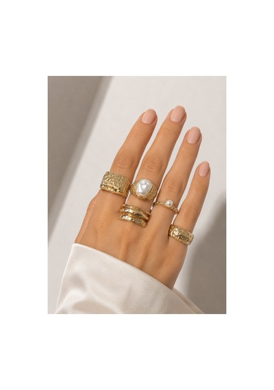 Tamore Gold 5 Li İnci Taşlı Yüzük Seti Vintage Elegant Kombin