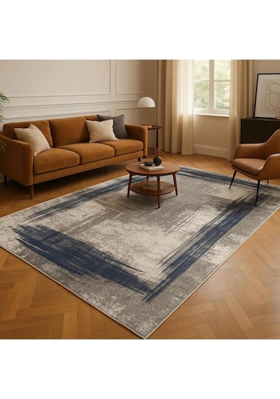 Gri Zemin Mavi Çerçeve Modern Halı Dekoratif Kilim Gri