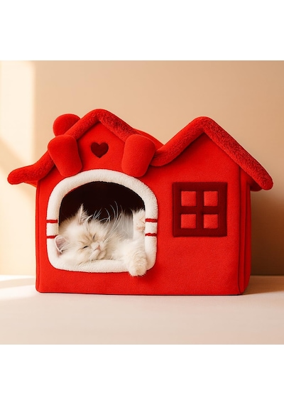 Villa Kedi Evi Peluş Kapalı Kedi Yatağı Minderli Katlanır Camel