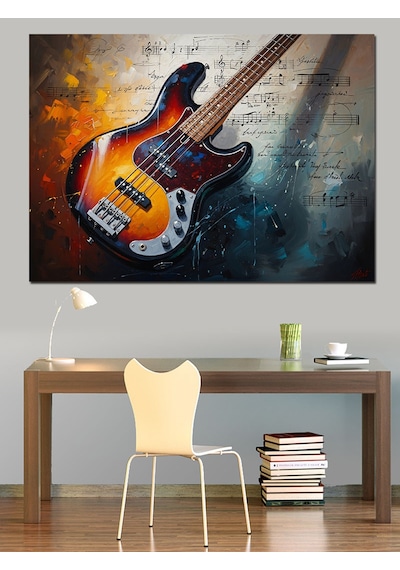 Ahşap Tablo Elektro Gitar Ve Renkli Boya Patlaması İnsan Figürlü Tablolar