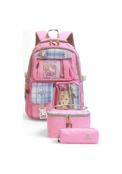 Relaxion 2203-1395 Kore Tarzı Unisex Çocuk Üçlü Set İlkokul Sırt Çantası Pembe