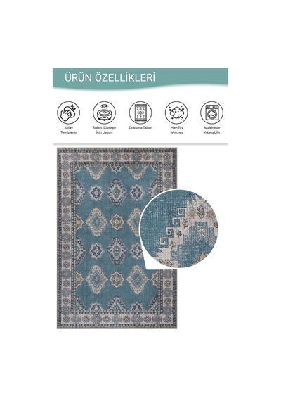 Artloop Folk Mavi Vintage Etnik Madalyonlu Klasik Desenli Dokuma Tabanlı Şönil Halı Al 615