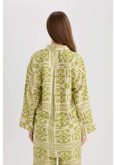 DeFacto Relax Fit Desenliı Keten Karışımlı Uzun Kollu Tesettür Gömlek Tunik D8184AX25SPGN698