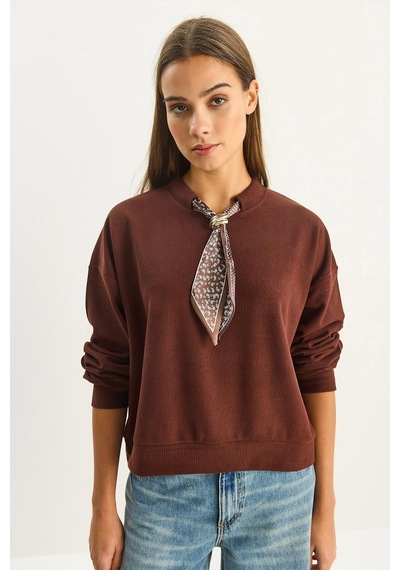 Shade Kadın Fular Detaylı Pamuklu Ottoman Sweatshirt 6931 60283689 - Acı Kahve Çok Renkli