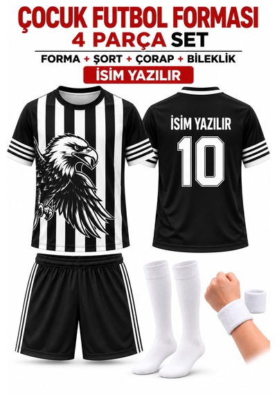 Yenteks İsim Yazılır Çocuk Futbol Forması Siyah Beyaz Kartal Dijital Baskı 4 Parça Siyah Şort Beyaz - Siyah