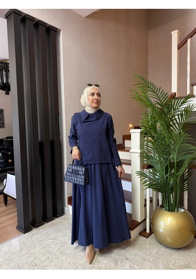 Asimetrik Yakalı Modal Cupra Etek Takım Siyah & Lacivert Tesettür Etekli Takım