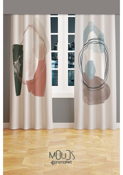 Soft Oval Desenli Süet Oturma Odası Salon Fon Perde Baskılı Ekstrafor Büzgü 2 Kanat Prd-1111 Çok Renkli