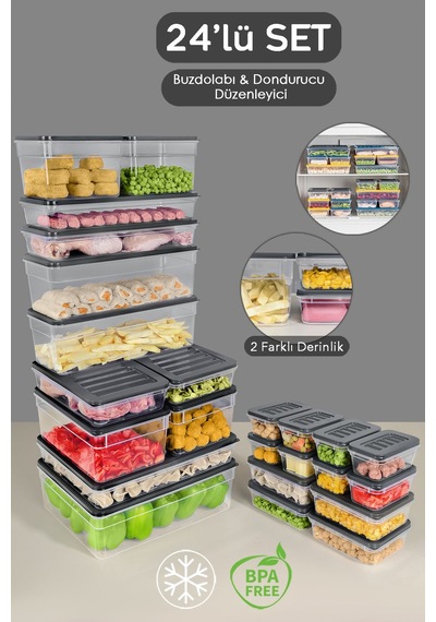 24'lü Buzdolabı Organizer Set Düzenleyici Saklama Kabı Derin Ve Sığ Mikrodalga Difriz Kabı Antrasit