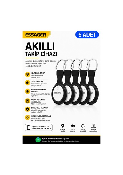Essager 5'li Akıllı Takip Cihazı Apple Find My Uyumlu Konum Takip Ve Kayıp Eşya Bulucu Smarttag Anahtarlık