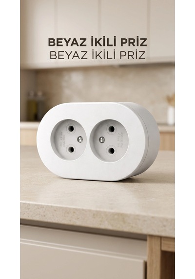 Beyaz Çift Girişli Topraklı Sıva Üstü Priz, Dekoratif Duvar Elektrik Ünitesi
