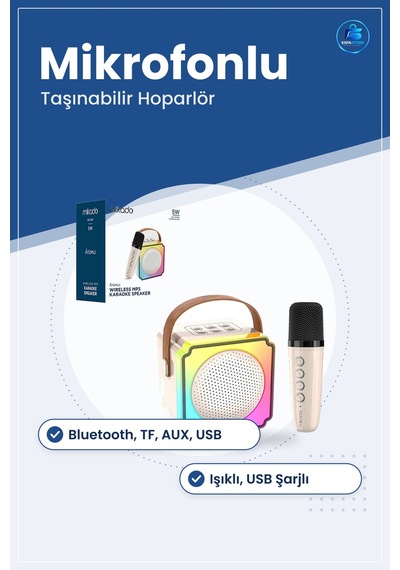 Karaoke Mikrofonlu Taşınabilir Bluetooth Hoparlör Işıklı Usb Şarj