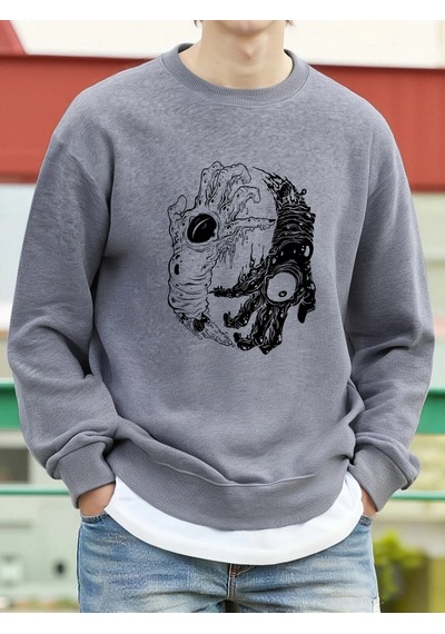 Startmore Tarzsokak Canavar Palmiye Gözleri Korkunç Baskılı Sweatshirt Erkek Polar Bol Moda Sokak Giysisi Yuvarla Gri