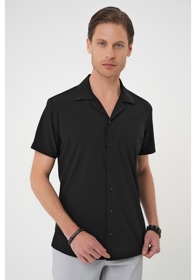 Efor Slim Fit Apaş Yaka Kısa Kol Esnek Casual Siyah Gömlek G 1589 Siyah