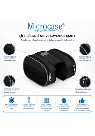 Microcase Bisiklet Orta Kadro için Reflektörlü 2 Gözlü 2 Yan Cepli Cırt Cırtlı Geniş Hacim Bisiklet Çantası AL5573