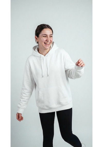 Hoxie Unisex Rahat Kesim Pamuklu Yumuşak Dokulu İçi Polarlı Basic Desenli Kapüşonlu Sweatshirt Beyaz