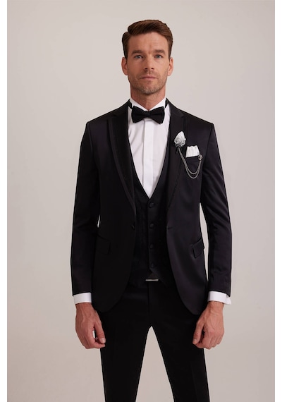 Ysf Erkek Siyah Yelekli Kırlangıç Yaka Slim Fit Damatlık