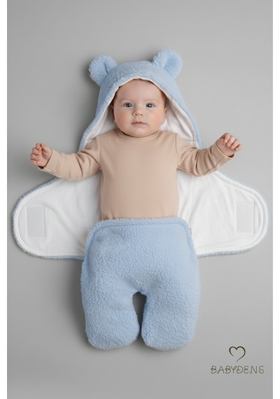 Babyden's 0-12 Ay Welsoft Peluş Bebek Dış Kundak Uyku Tulumu Ayıcık Kulaklı İçi %100 Pamuk Astarlı Battaniye Mavi