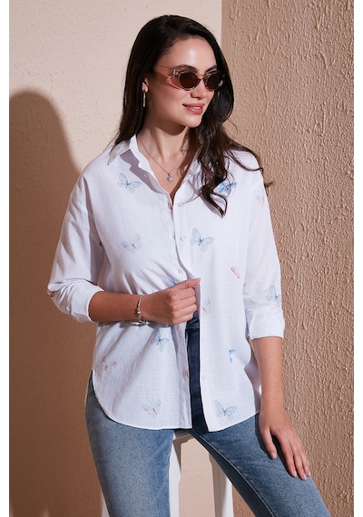 Lela Pamuk Ve Keten Karışımlı Regular Fit Desenli Bayan Gömlek 6773195 Ekru