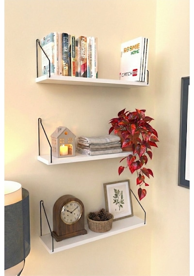 Duvar Rafı Kitaplık Mutfak Banyo Yaşam Alanı 3'lü Set 15x55 Cm Beyaz