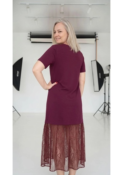 Byemelika Genç Büyük Beden, Eteği Dantel Detay Detay Elbise Bordo