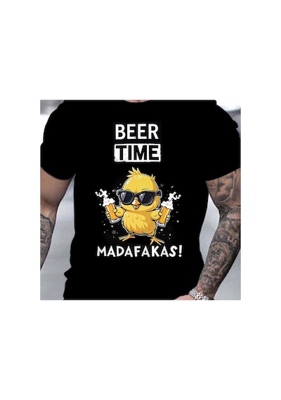 Caddemia Yaz Moda Rahat Gevşek "bira Zamanı" Tavuk Desen Baskılı Yuvarlak Yaka Kısa Siyah 2XL Caddemia Yaz Moda Rahat Gevşek "bira Zamanı" Tavuk Desen Baskılı Yuvarlak Yaka Kısa Siyah 2XL