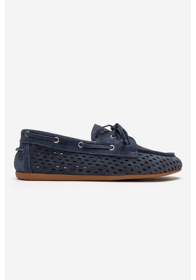 Luvishoes Stevo Kot Mavi Süet Hakiki Deri Delikli Bağcıklı Kadın Loafer Ayakkabı