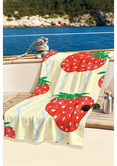 Çilek Temalı Tropikal Kadın Plaj Havlusu - Pastel Sarı Modern Yazlık Hızlı Kuruyan Mikrofiber Havlu Çok Renkli