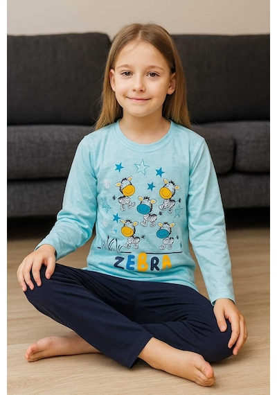 Çocuk Pijama Takımı %100 Pamuk Zebra Desenli Mavi